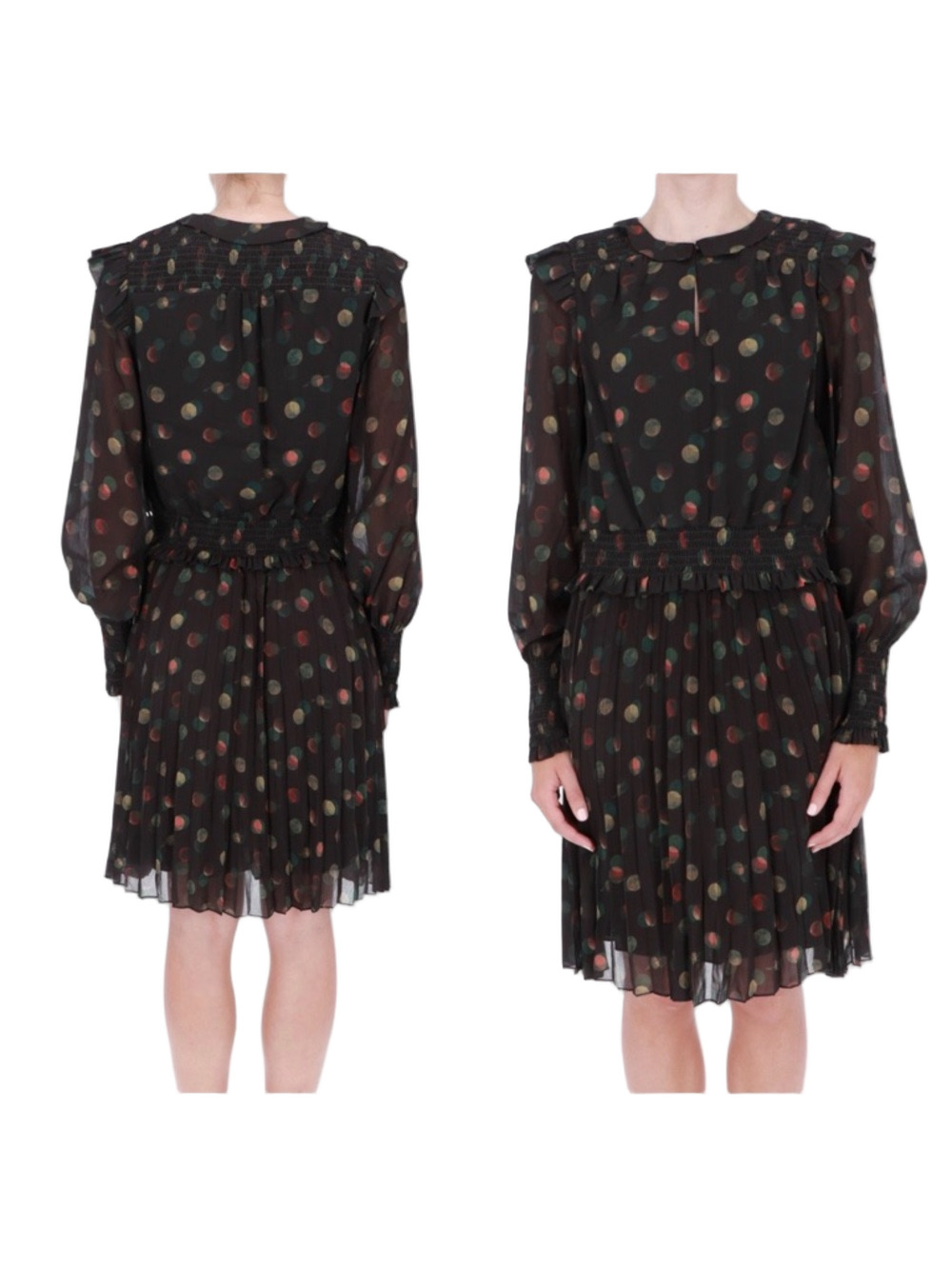 🍒SCOTCH&SODA Black Sheer Polka PLANETS Long-Sleeve Pleated Dress size S GUC